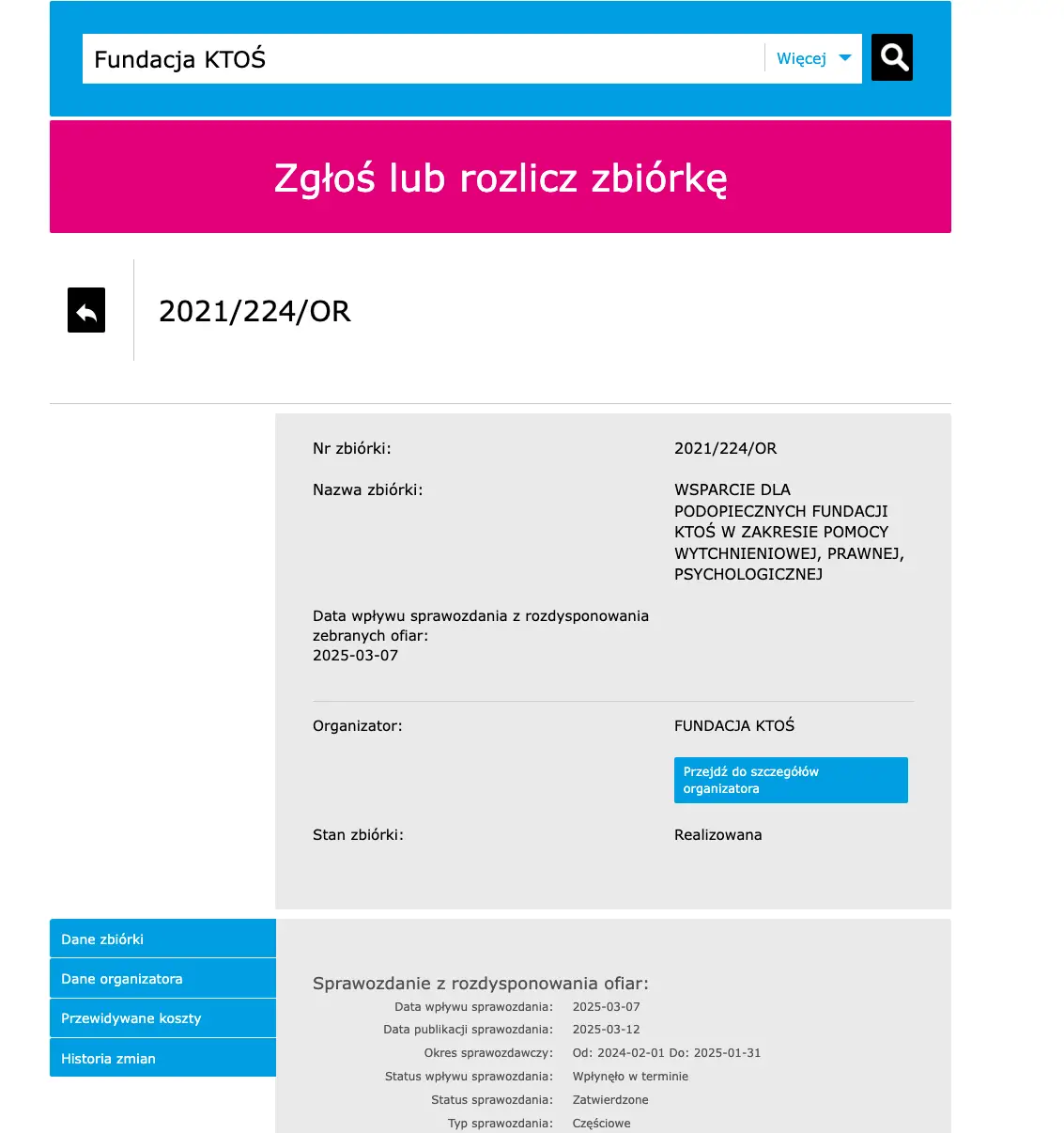o zbiórce Fundacji KTOŚ na stronie rządowej – fundacjaktos.pl