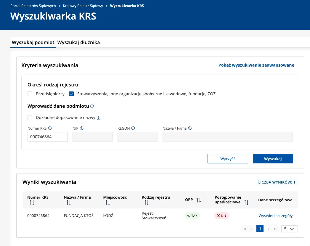 Wyszukiwarka KRS – widok wyników dla Fundacji KTOŚ – fundacjaktos.pl